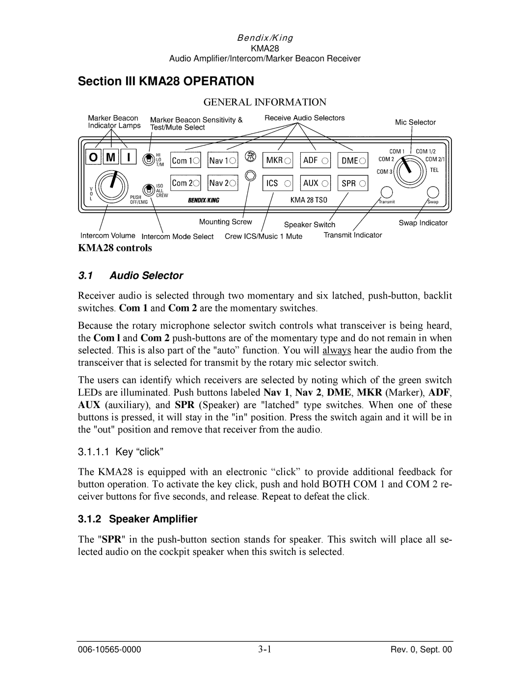 Honeywell operation manual Section III KMA28 Operation, Audio Selector, Key click, Speaker Amplifier 