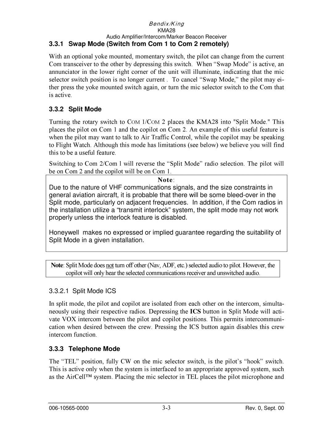 Honeywell KMA28 operation manual Swap Mode Switch from Com 1 to Com 2 remotely, Split Mode ICS, Telephone Mode 