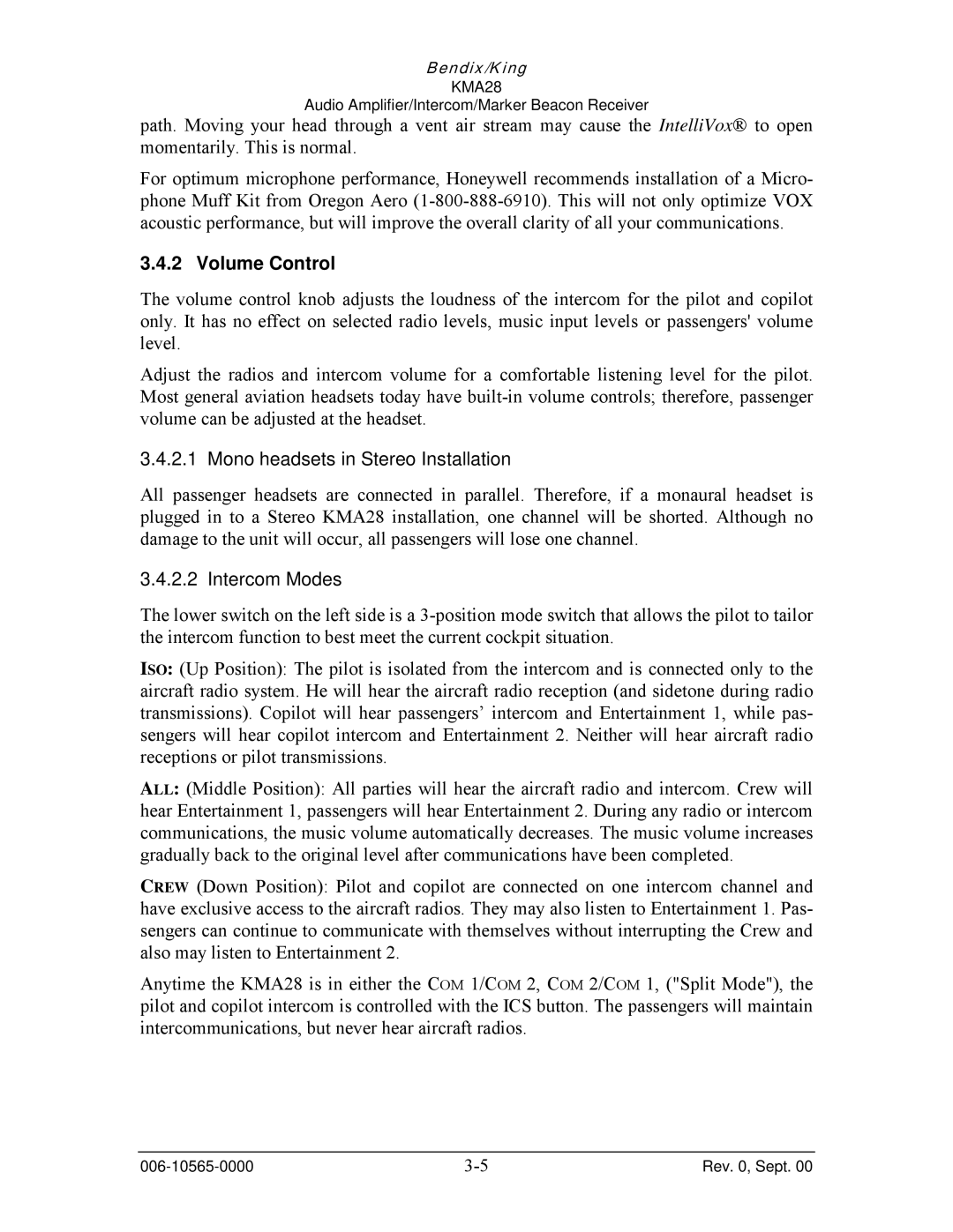 Honeywell KMA28 operation manual Volume Control, Mono headsets in Stereo Installation, Intercom Modes 