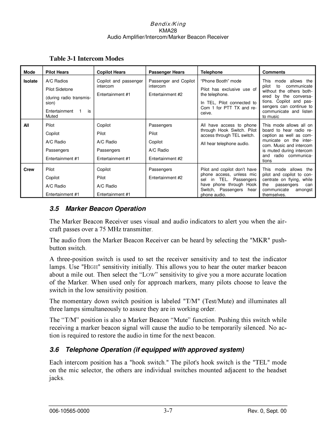 Honeywell KMA28 operation manual Marker Beacon Operation, Telephone Operation if equipped with approved system 