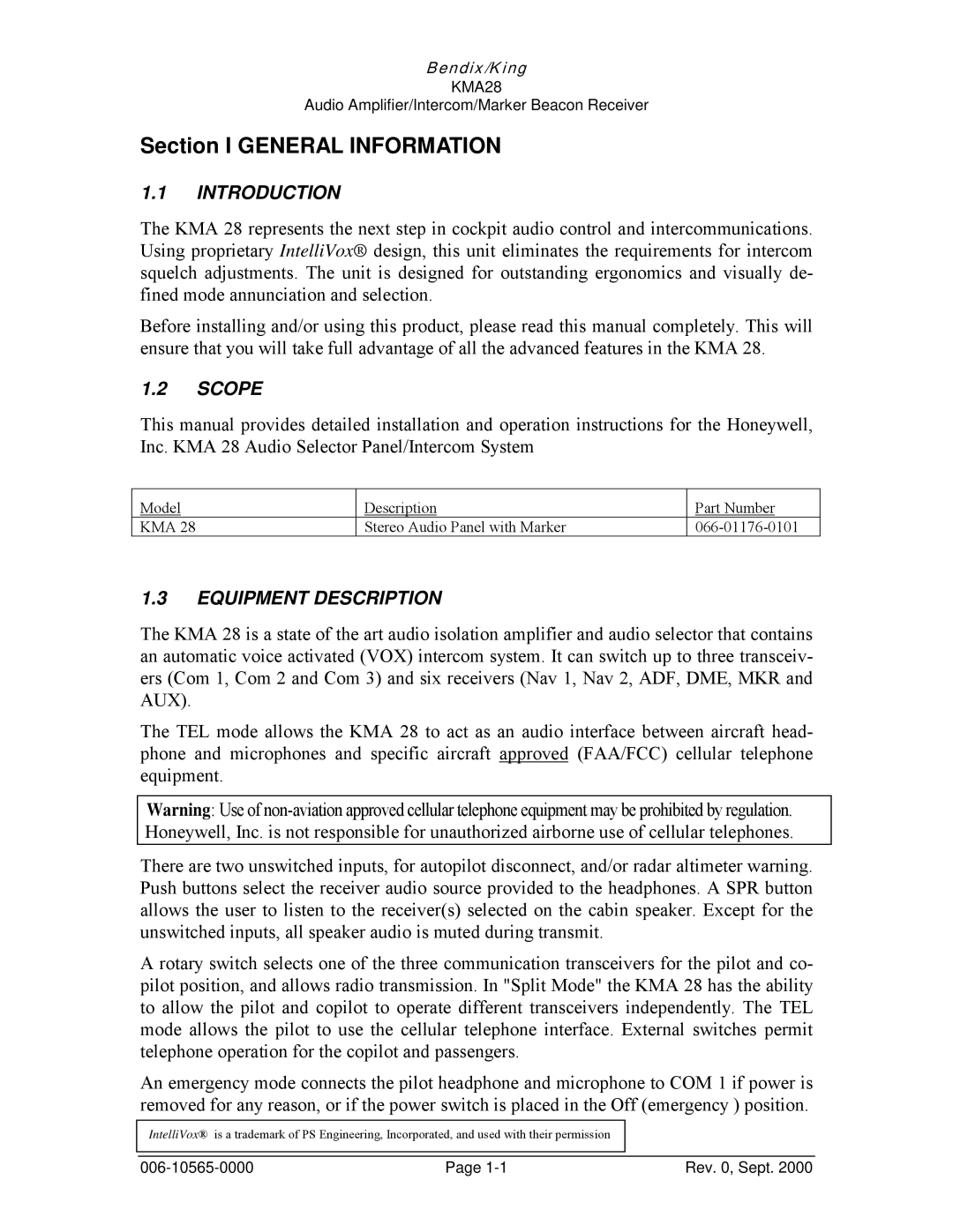 Honeywell KMA28 operation manual Section I General Information, Introduction, Scope, Equipment Description 