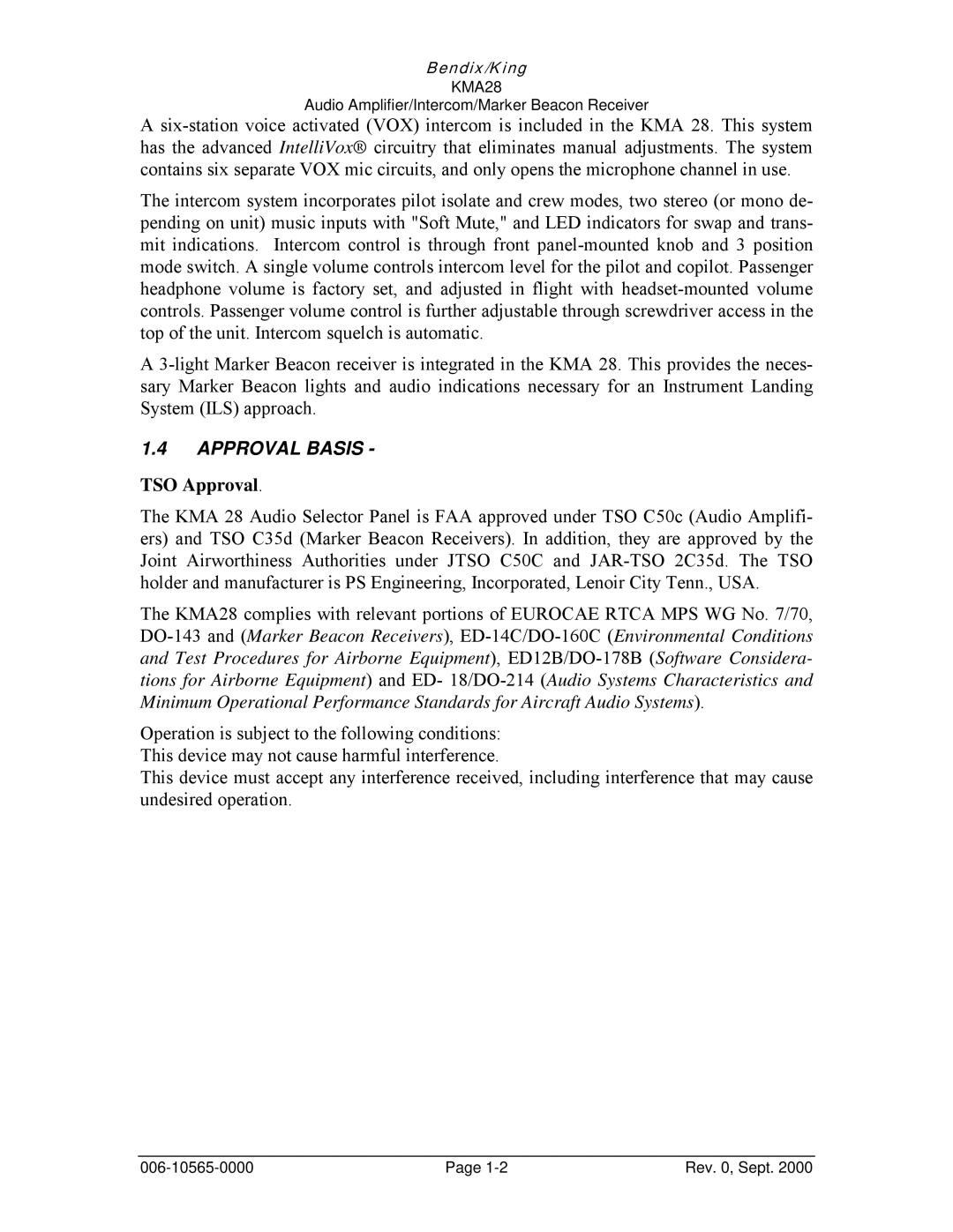 Honeywell KMA28 operation manual Approval Basis, TSO Approval 