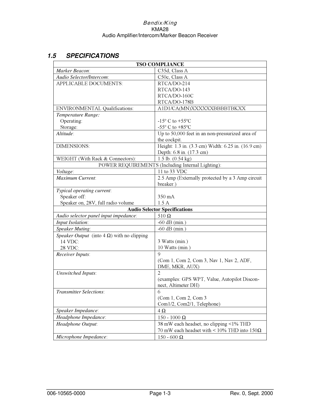 Honeywell KMA28 operation manual Specifications, TSO Compliance 