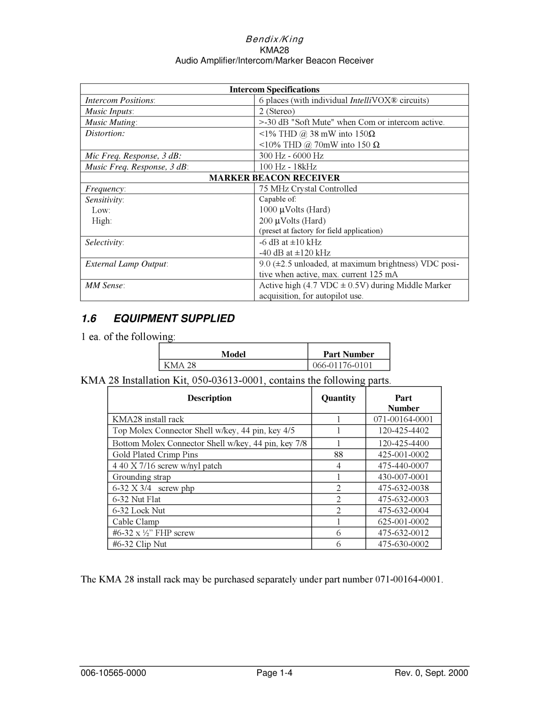 Honeywell KMA28 operation manual Equipment Supplied, Intercom Specifications 