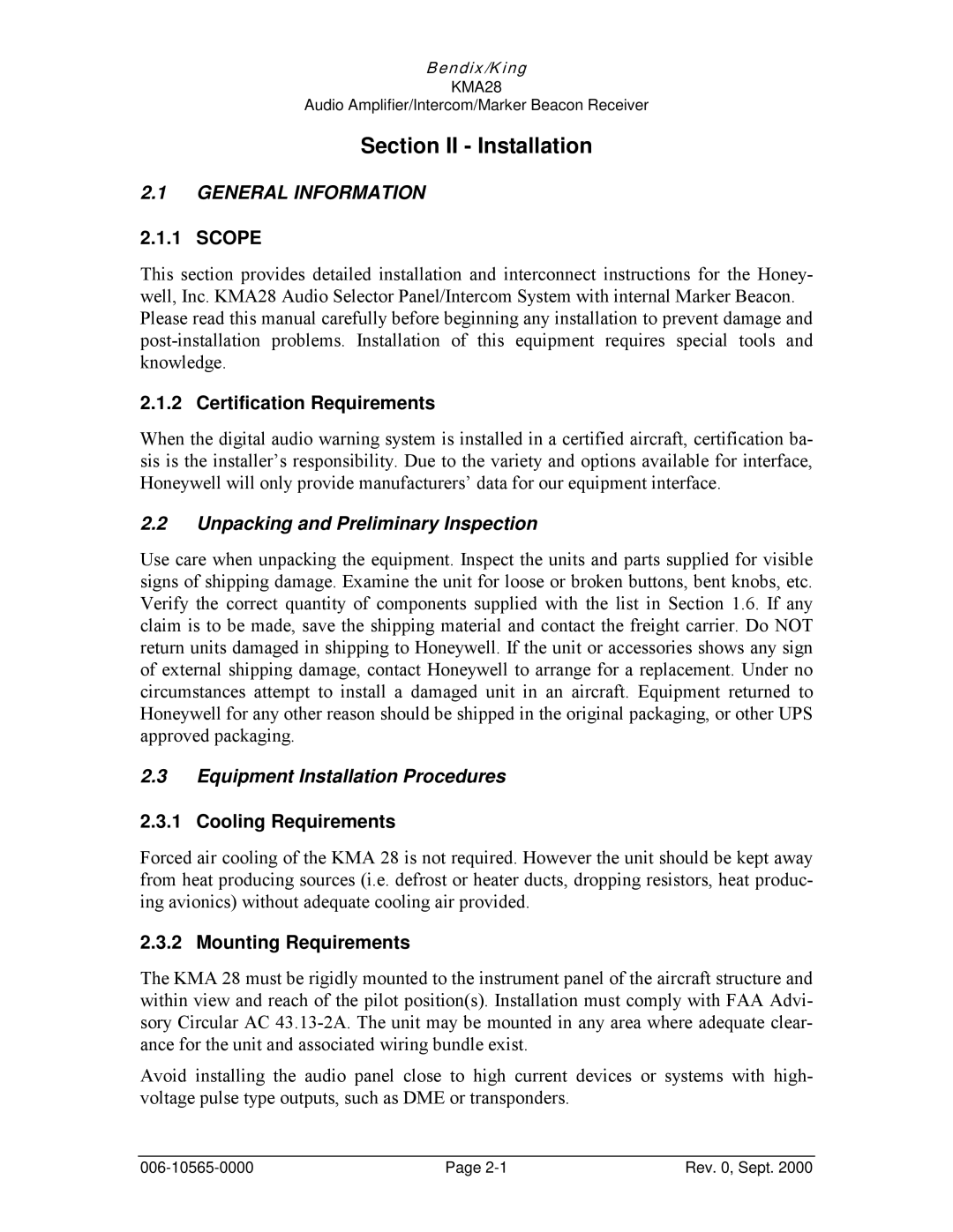 Honeywell KMA28 operation manual Section II Installation, General Information, Unpacking and Preliminary Inspection 