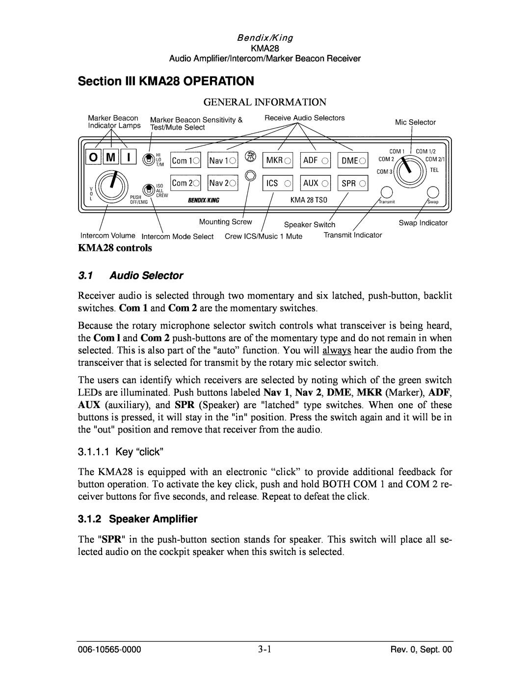 Honeywell operation manual Section III KMA28 OPERATION, KMA28 controls, Audio Selector, Speaker Amplifier 