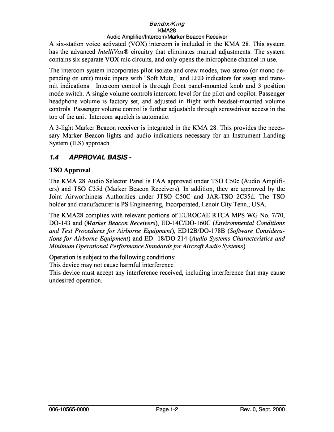 Honeywell KMA28 operation manual Approval Basis, TSO Approval 