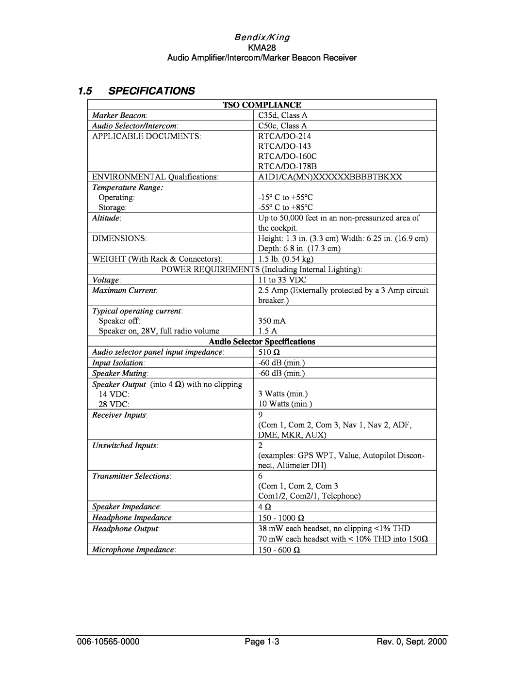 Honeywell KMA28 operation manual Bendix/King, Tso Compliance, Audio Selector Specifications 