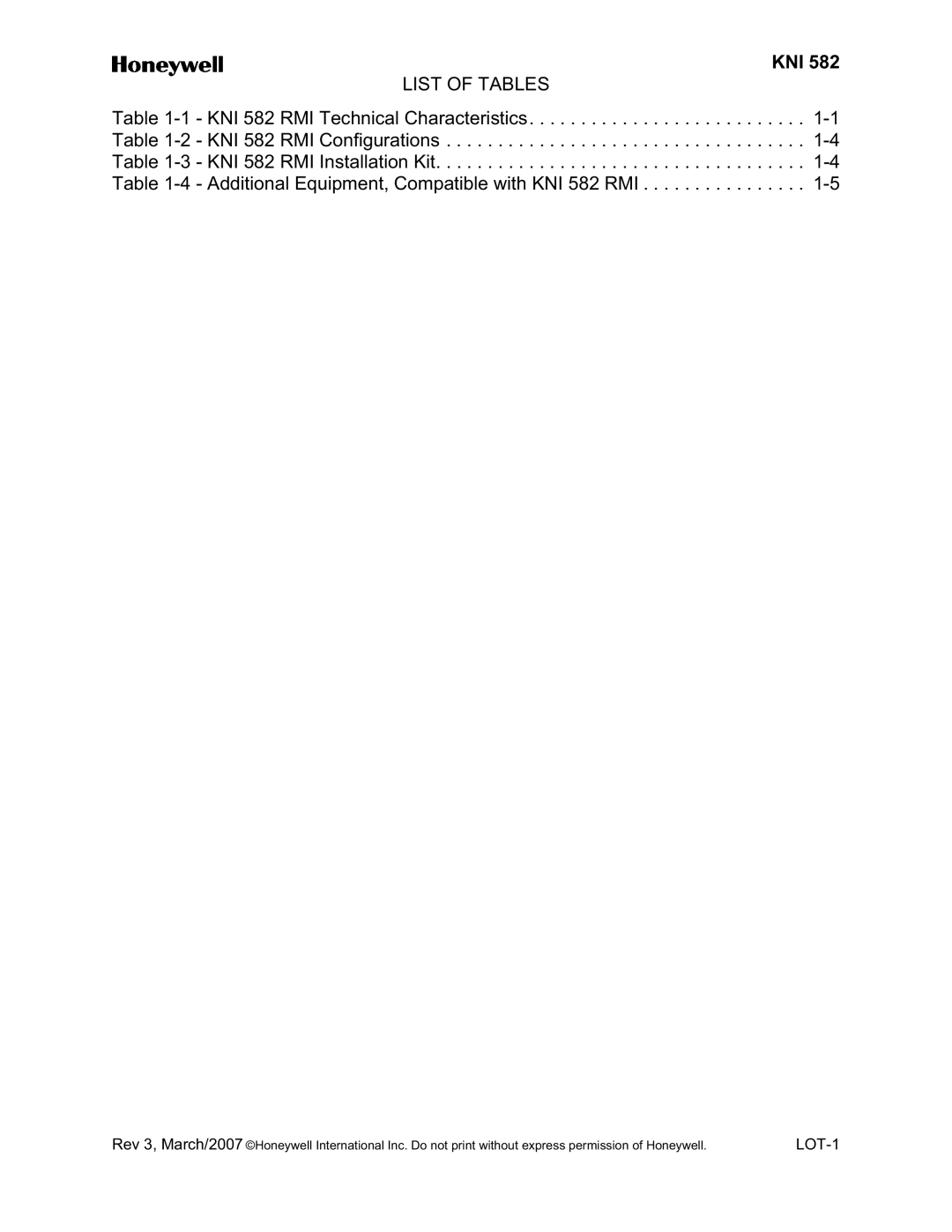 Honeywell KNI 582 installation manual List of Tables 