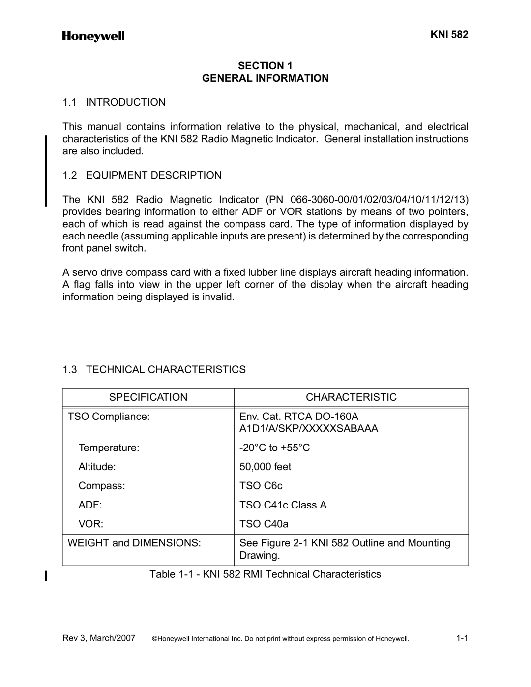 Honeywell KNI 582 Introduction, Equipment Description, Technical Characteristics Specification, A1D1/A/SKP/XXXXXSABAAA 