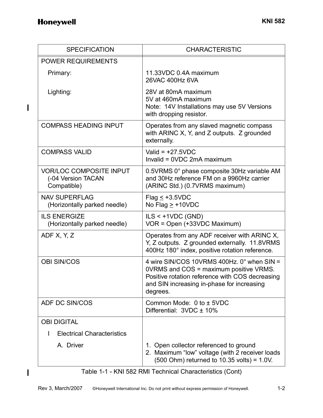 Honeywell KNI 582 Specification Characteristic Power Requirements, Compass Heading Input, Compass Valid, NAV Superflag 