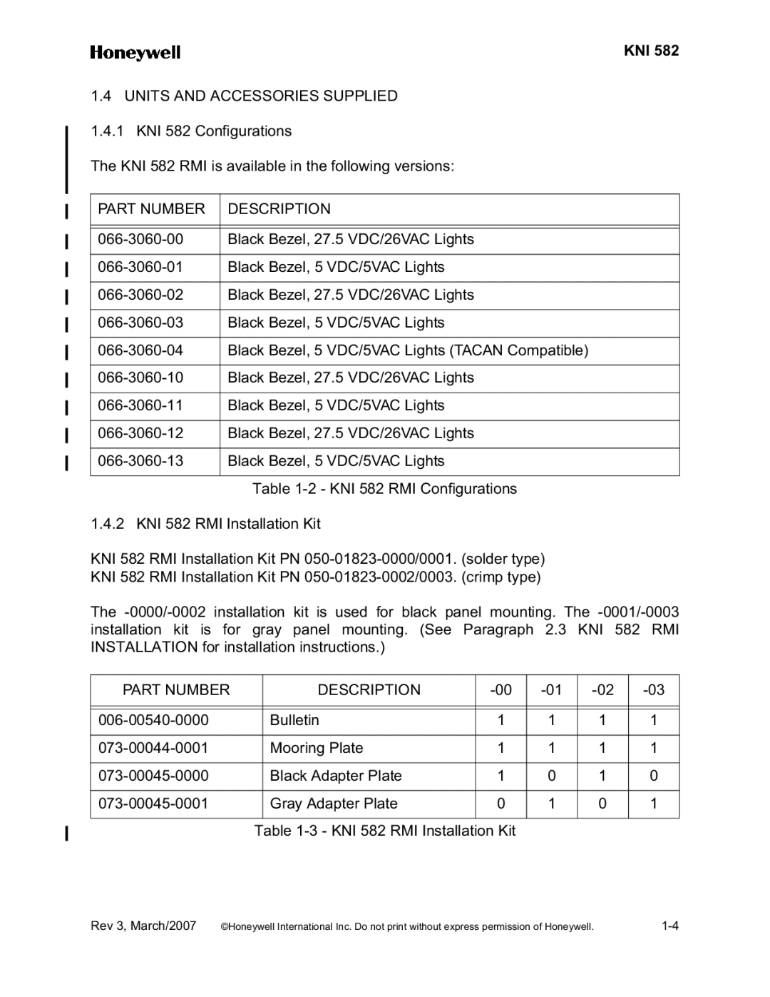 Honeywell KNI 582 installation manual Part Number Description 