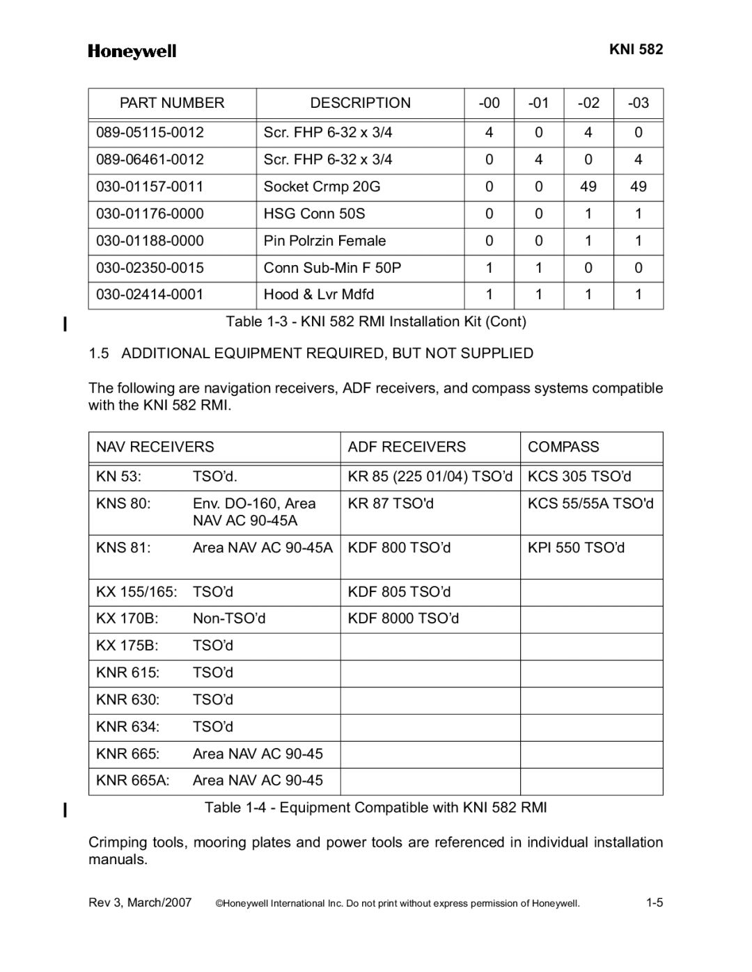 Honeywell KNI 582 installation manual Additional Equipment REQUIRED, but not Supplied, NAV Receivers ADF Receivers Compass 