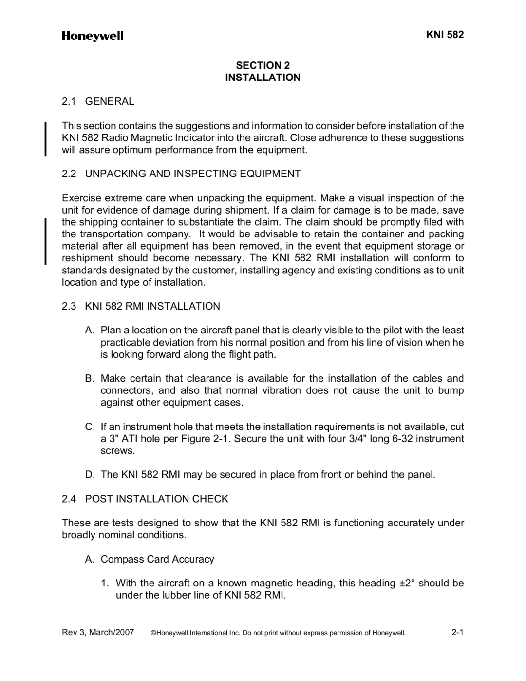 Honeywell General, Unpacking and Inspecting Equipment, KNI 582 RMI Installation, Post Installation Check 