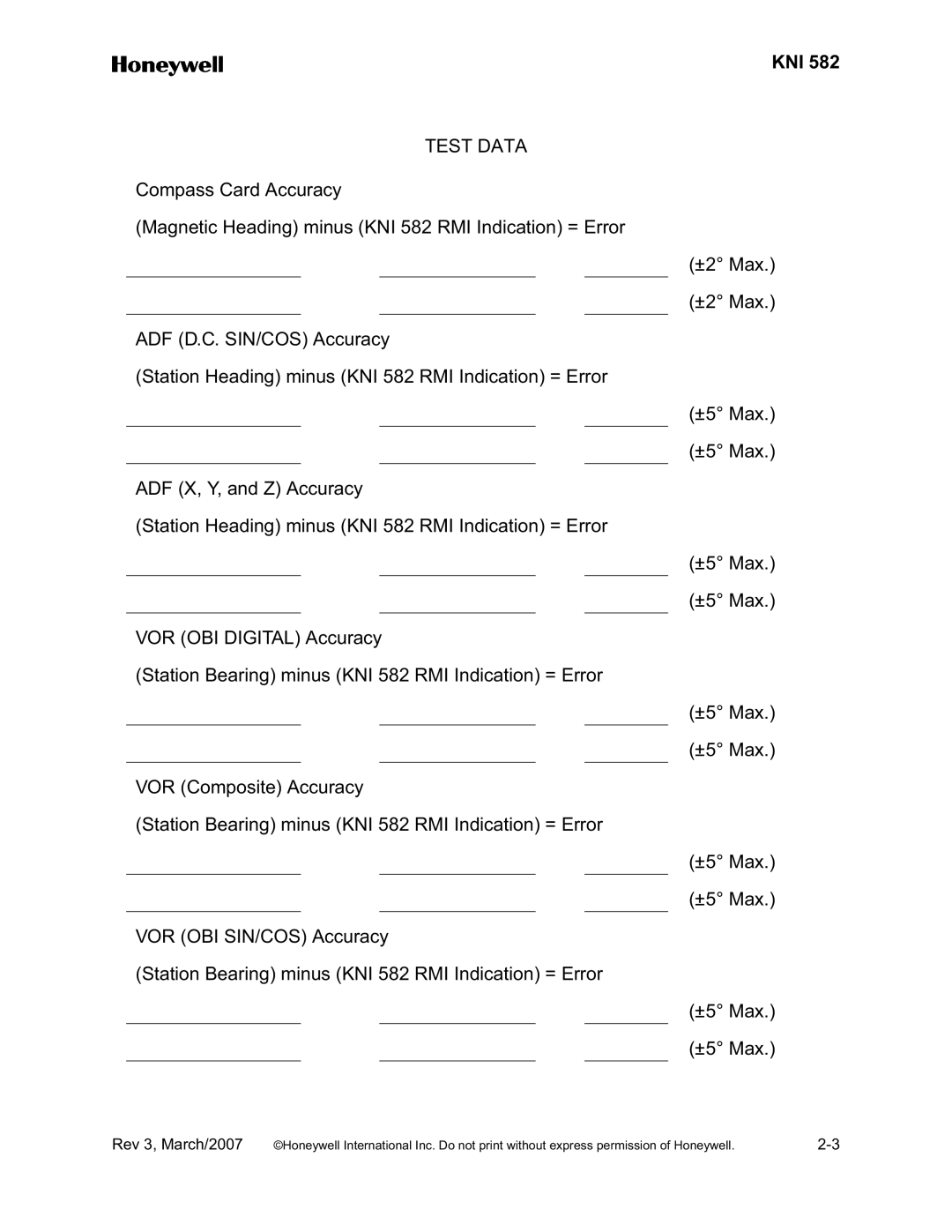 Honeywell KNI 582 installation manual Test Data 