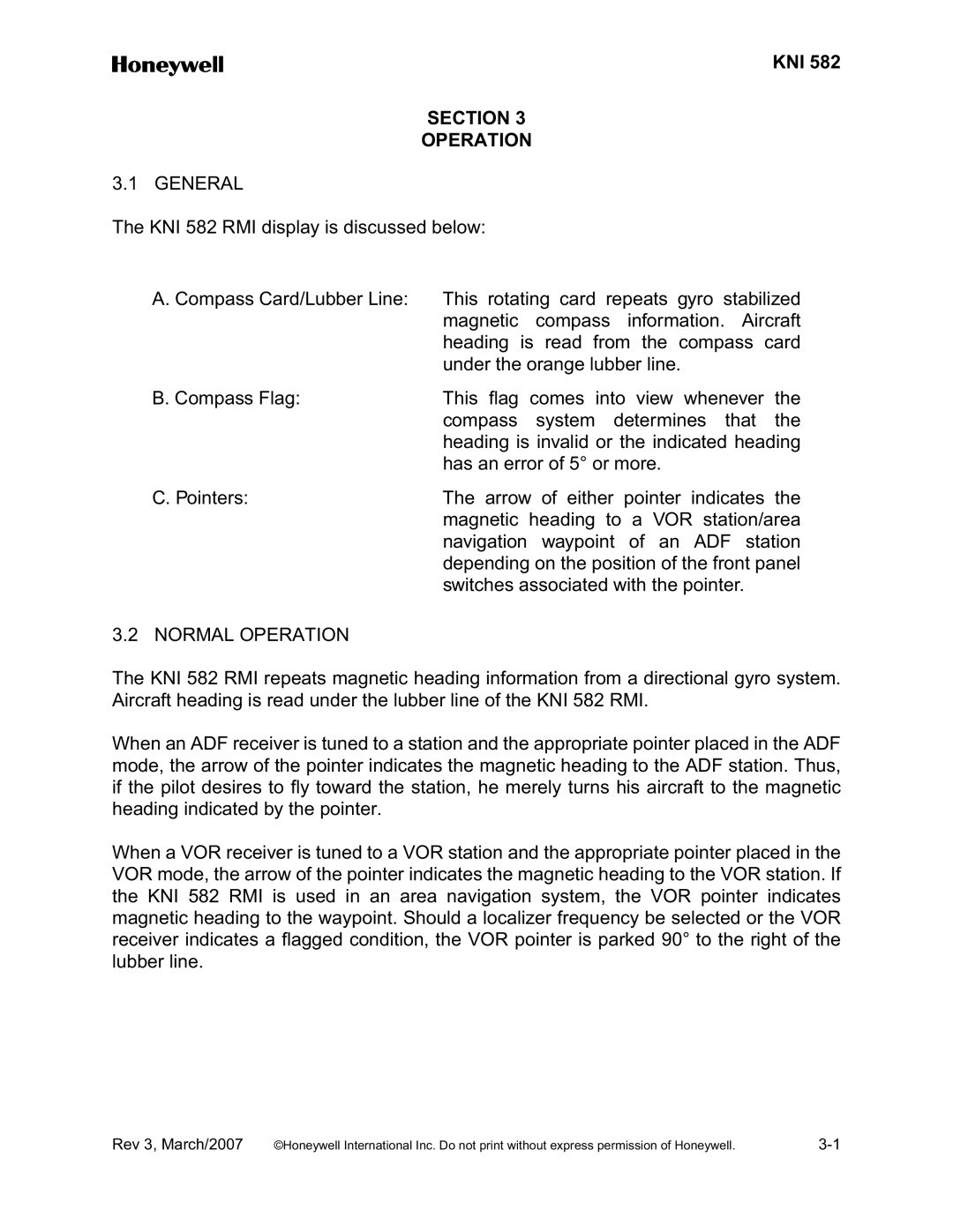 Honeywell KNI 582 installation manual General, Normal Operation 