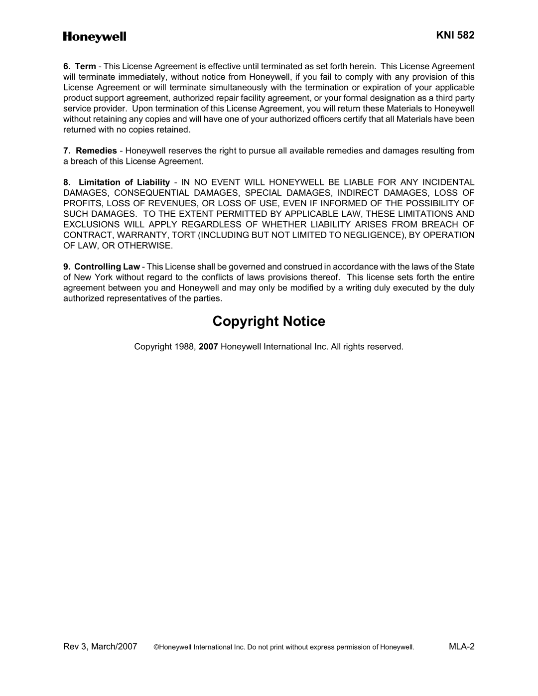 Honeywell KNI 582 installation manual Copyright Notice 