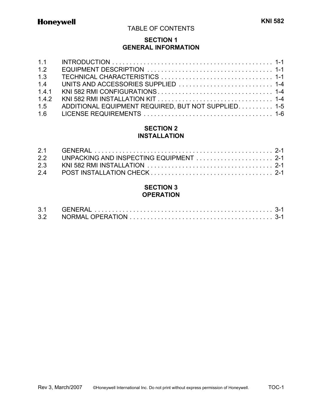 Honeywell KNI 582 installation manual Table of Contents, Section General Information 