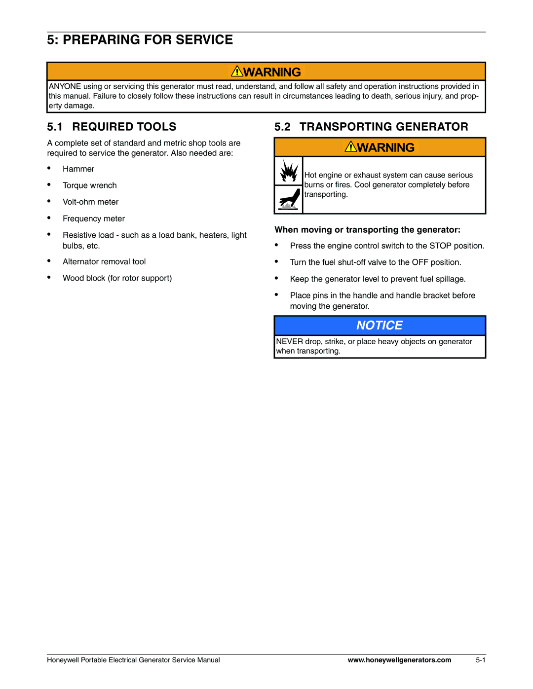 Honeywell L, HW3000, hw400 service manual Preparing for Service, Required Tools, Transporting Generator 