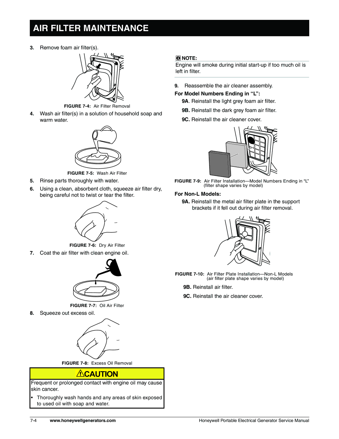 Honeywell HW3000, L, hw400 Remove foam air filters, Coat the air filter with clean engine oil, Squeeze out excess oil 