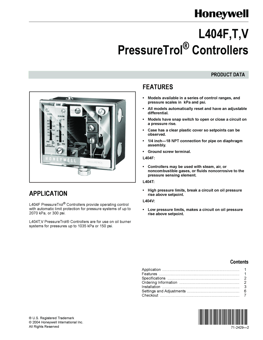 Honeywell L404T, L404V specifications Features Application, Contents 