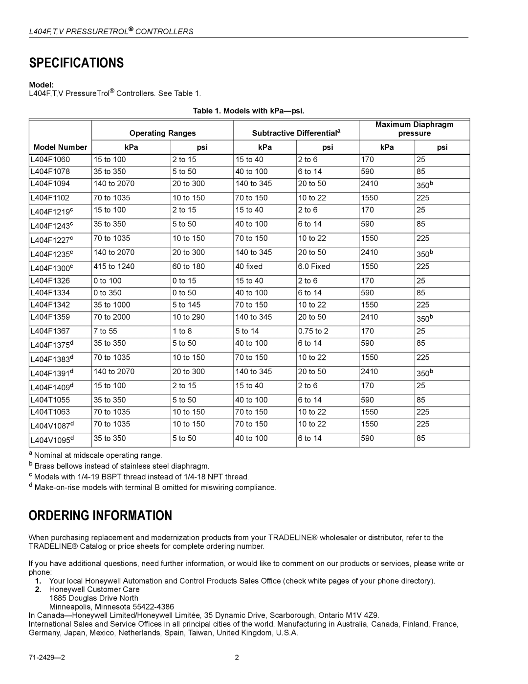 Honeywell L404V, L404T specifications Specifications, Ordering Information, Model Number KPa Psi 