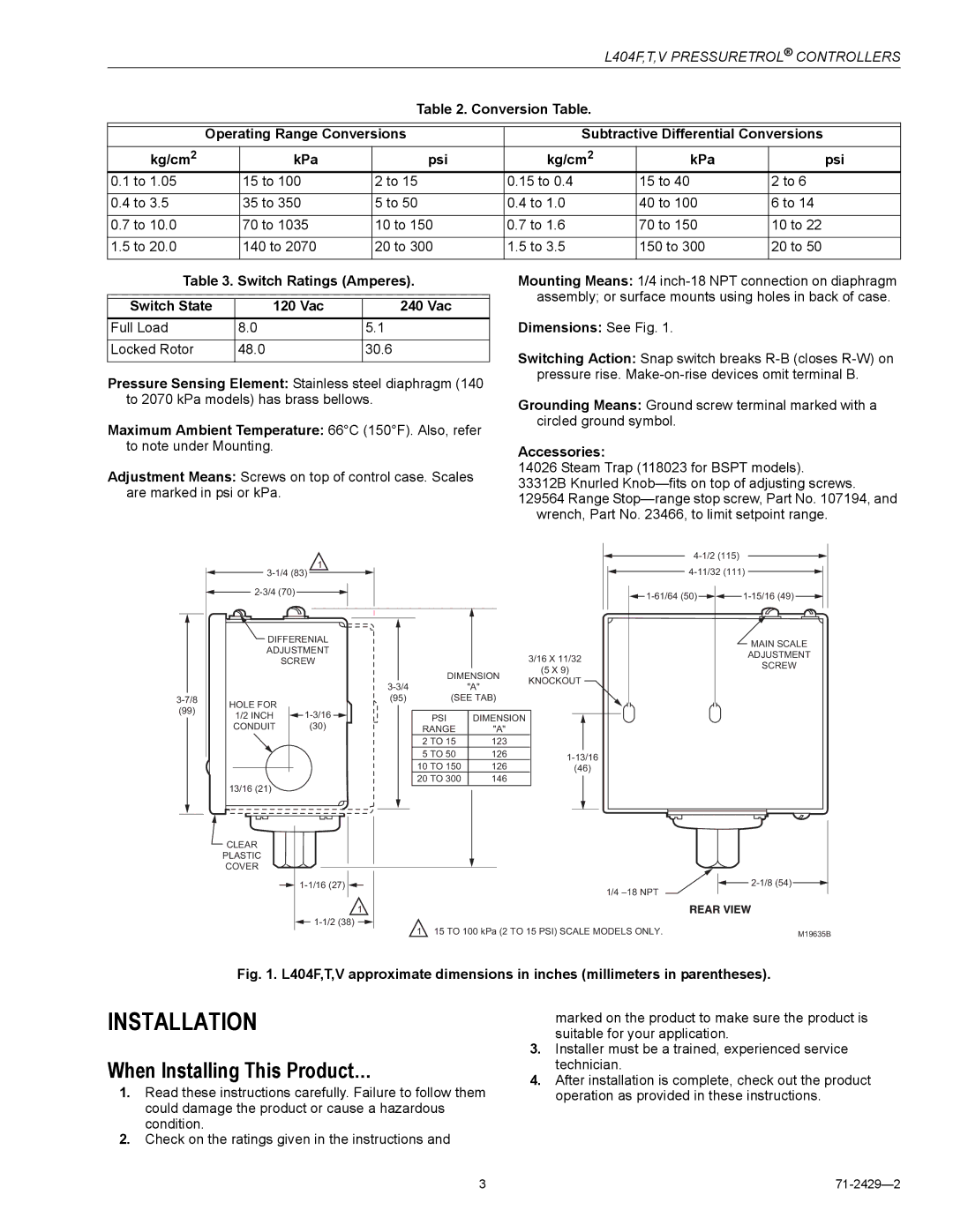 Honeywell L404T, L404V Installation, When Installing This Product…, Switch Ratings Amperes Switch State 120 Vac 240 Vac 