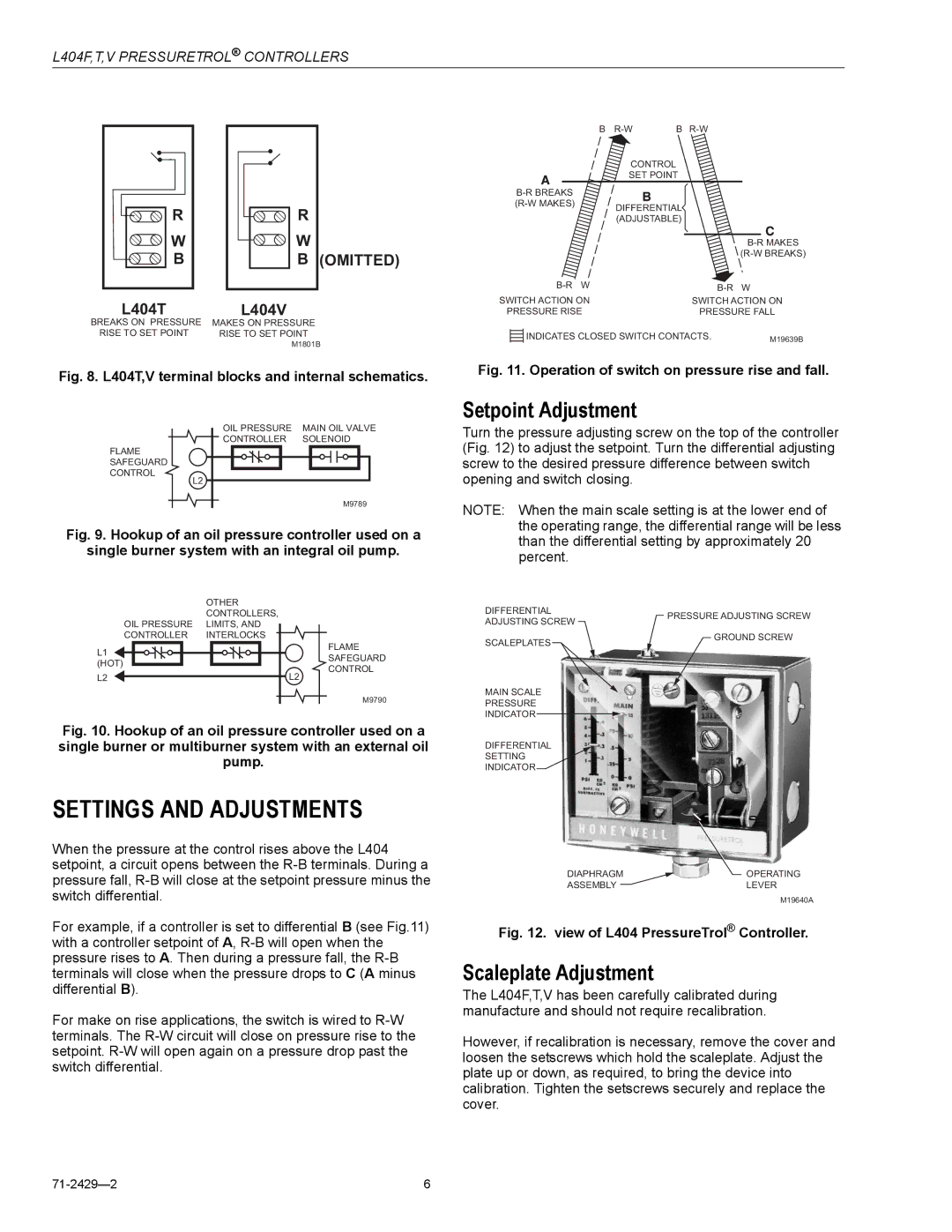 Honeywell L404V, L404T specifications Settings and Adjustments, Setpoint Adjustment, Scaleplate Adjustment 