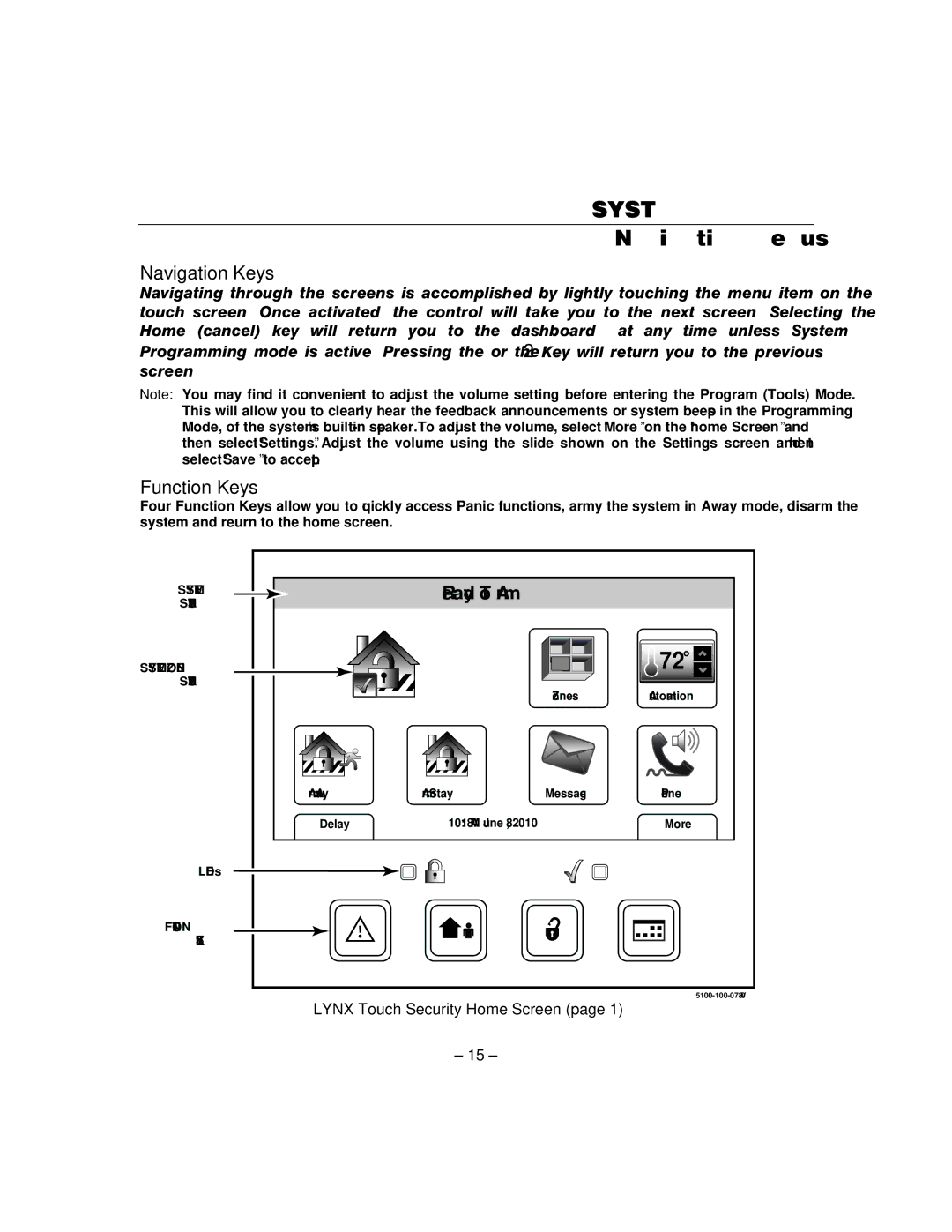 Honeywell L5100 manual Navigation Keys, Function Keys, Lynx Touch Security Home Screen 