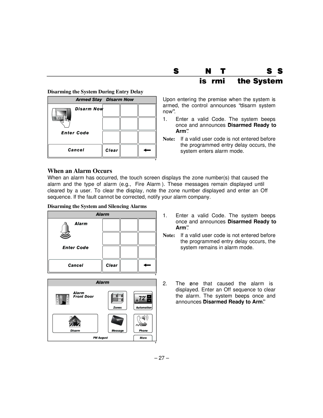 Honeywell L5100 manual When an Alarm Occurs, Disarming the System During Entry Delay 