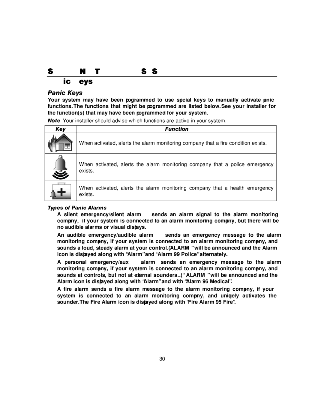 Honeywell L5100 manual Panic Keys, Key Function, Types of Panic Alarms 