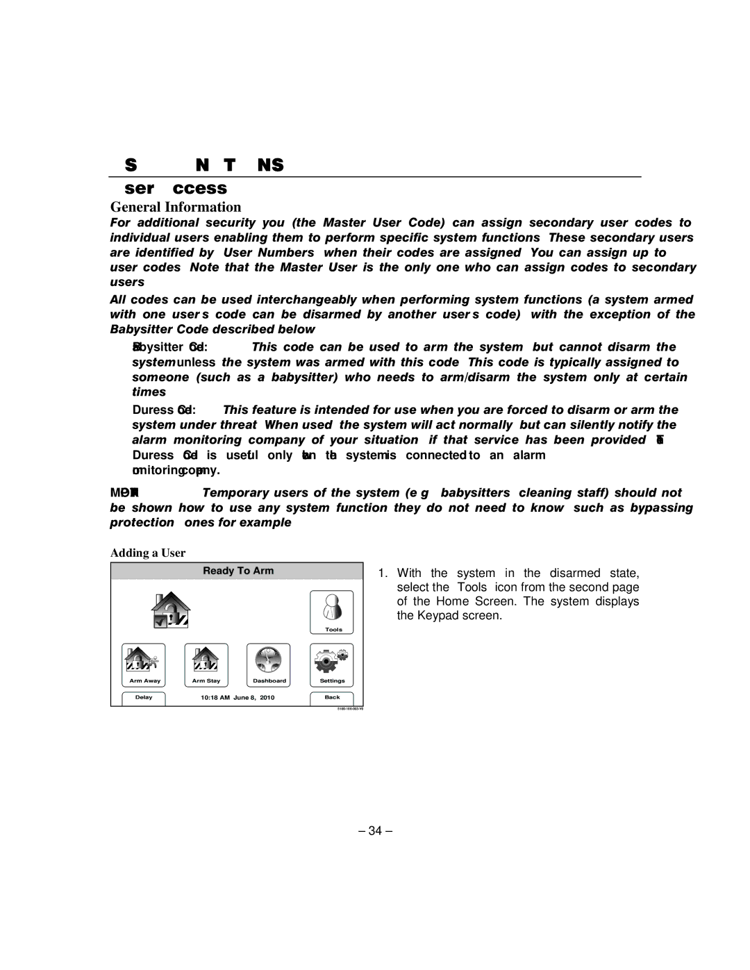 Honeywell L5100 manual User Access, Adding a User 