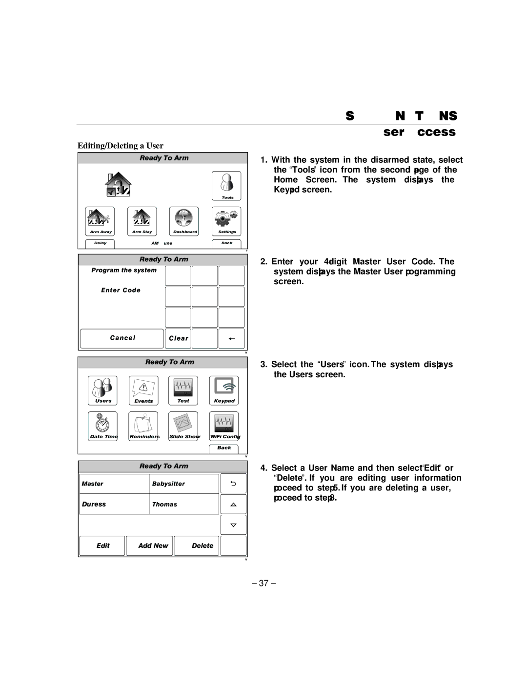 Honeywell L5100 manual Editing/Deleting a User 