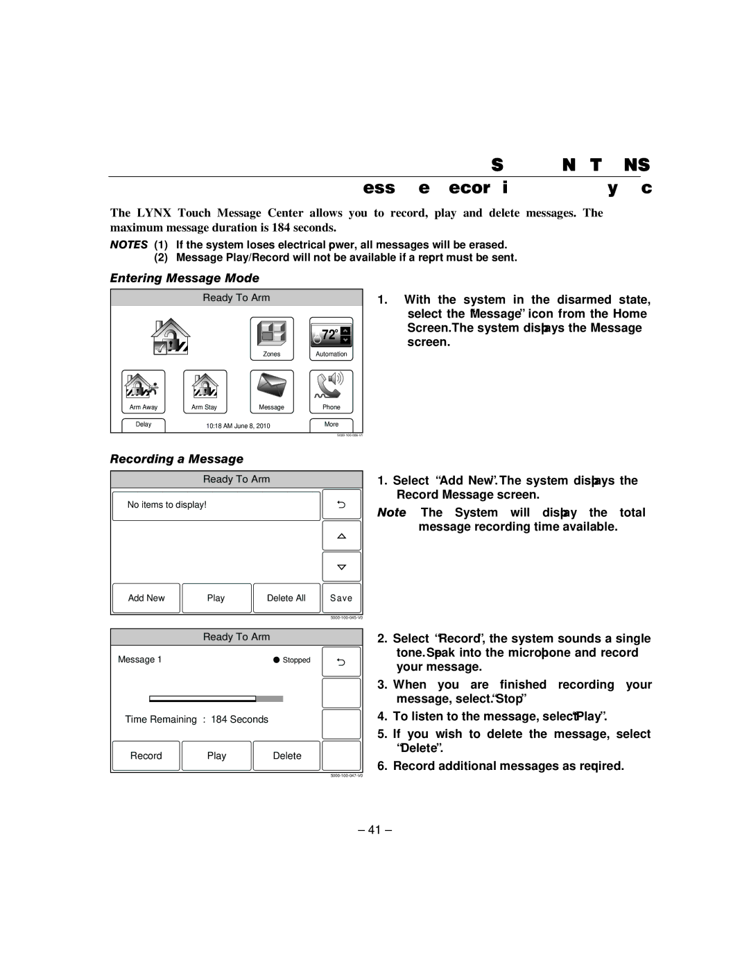 Honeywell L5100 manual Message Recording and Playback, Entering Message Mode, Recording a Message 