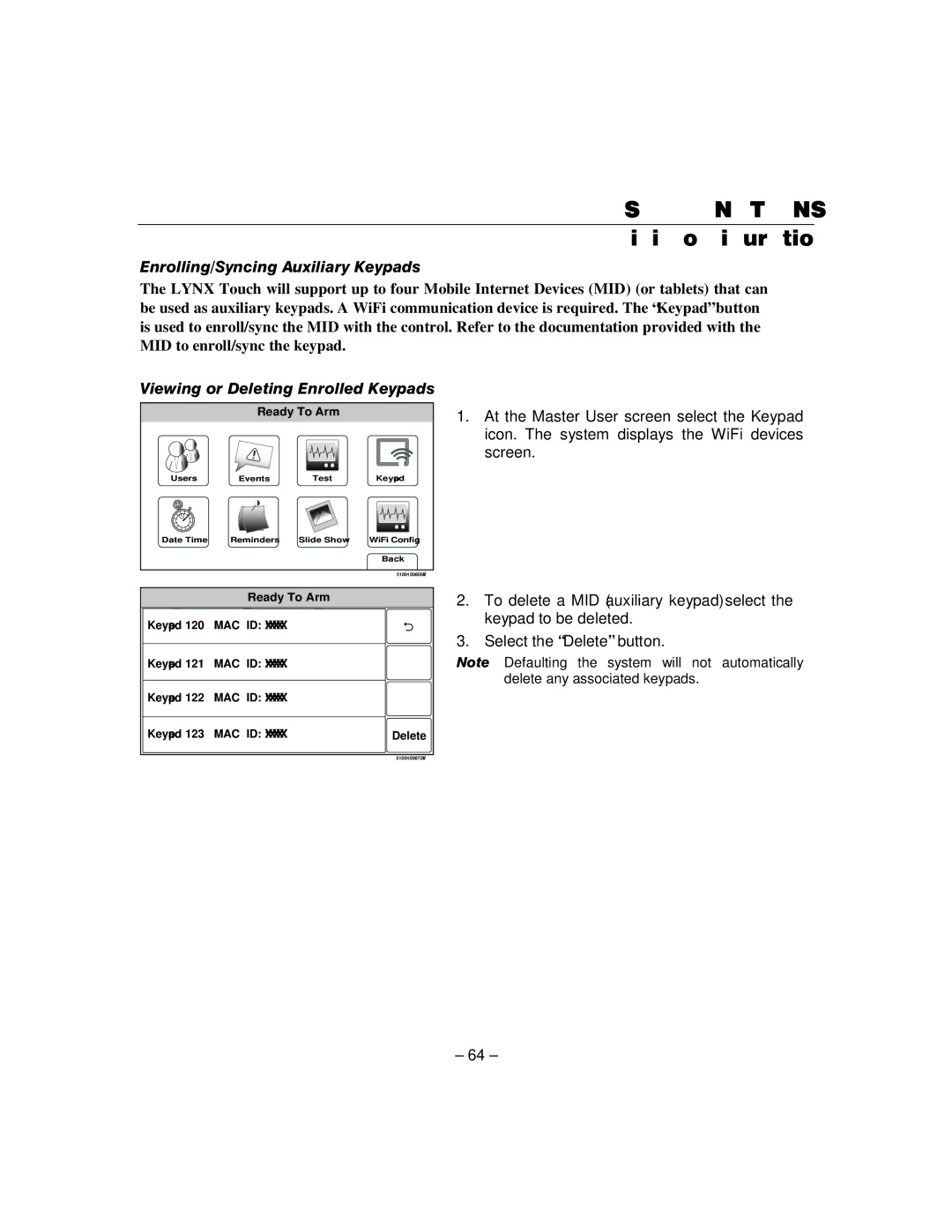 Honeywell L5100 manual Enrolling/Syncing Auxiliary Keypads, Viewing or Deleting Enrolled Keypads 