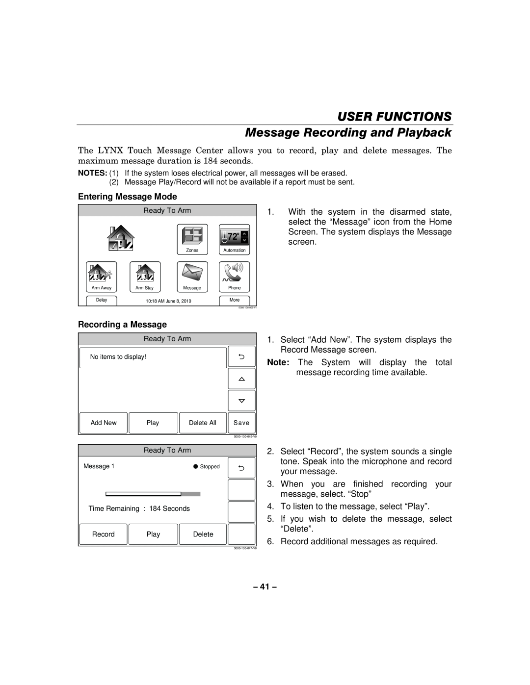 Honeywell L5100 manual USER FUNCTIONS Message Recording and Playback, Entering Message Mode, Recording a Message 