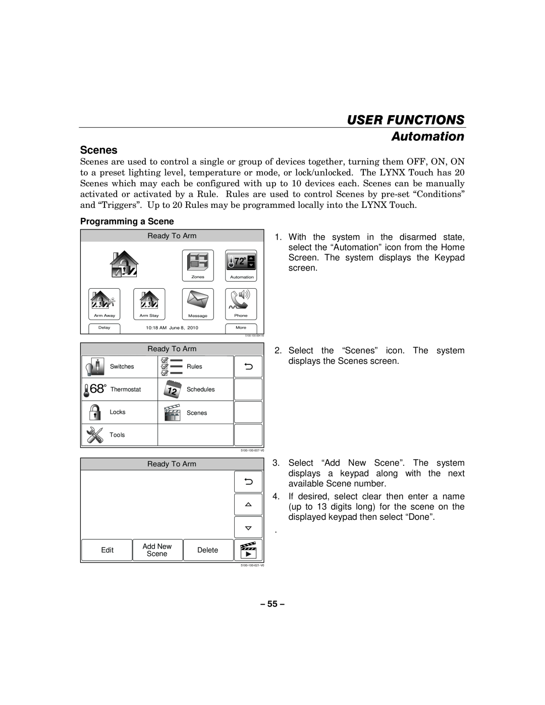 Honeywell L5100 manual Scenes, Programming a Scene, USER FUNCTIONS Automation 
