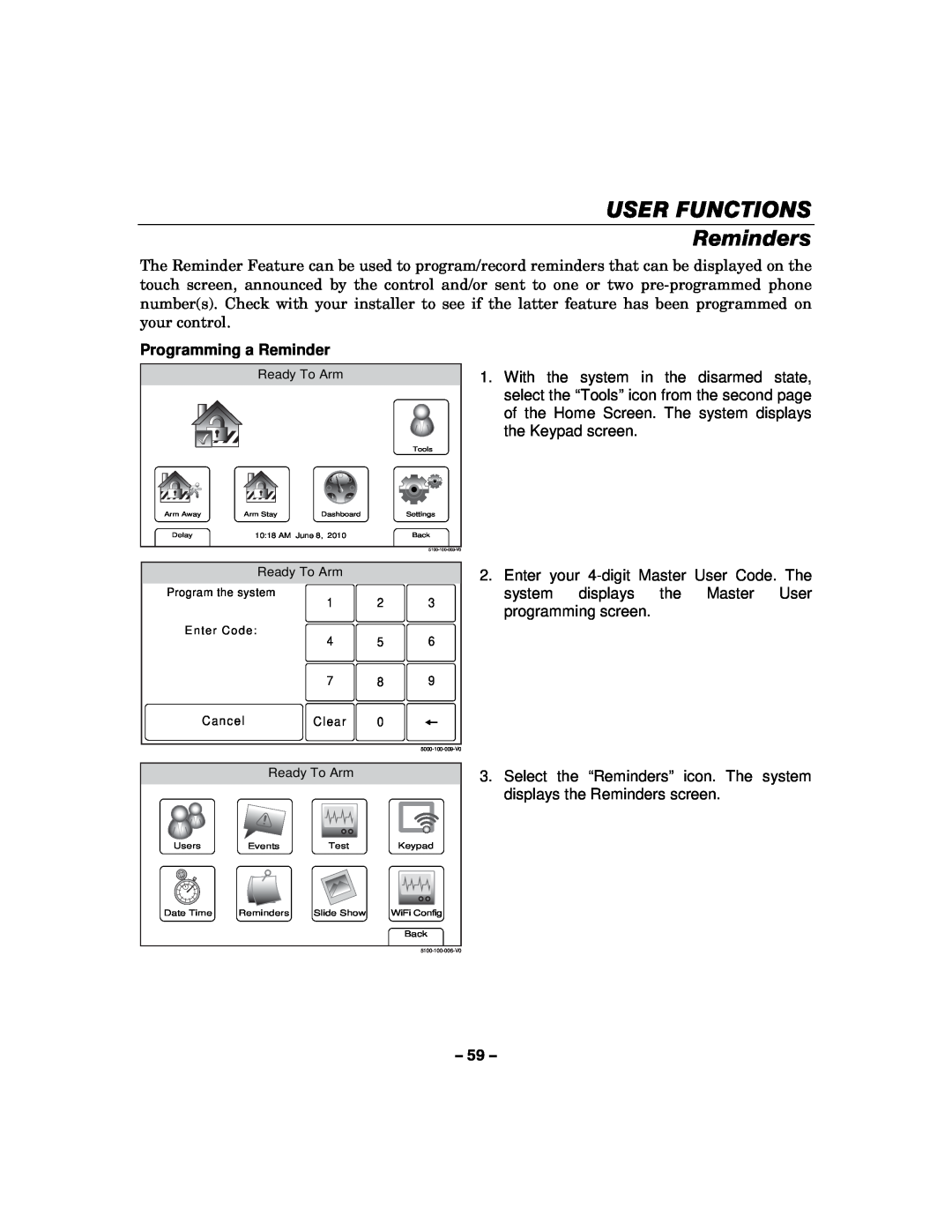 Honeywell L5100 manual USER FUNCTIONS Reminders, Programming a Reminder 