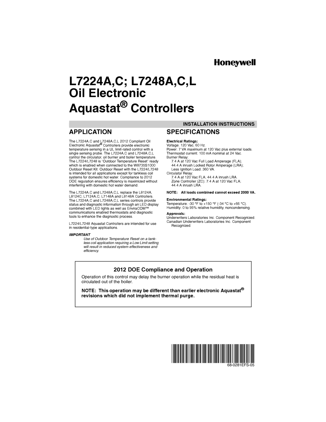 Honeywell L7224A,C installation instructions Application, Specifications, DOE Compliance and Operation, Approvals 