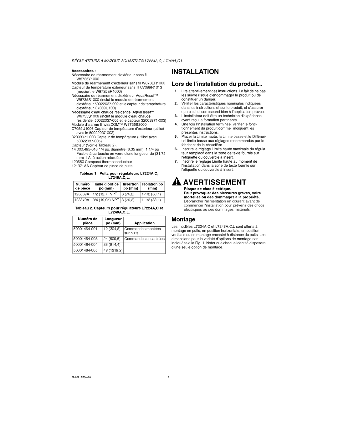 Honeywell L7248A,C,L, L7224A,C installation instructions Lors de linstallation du produit, Montage 