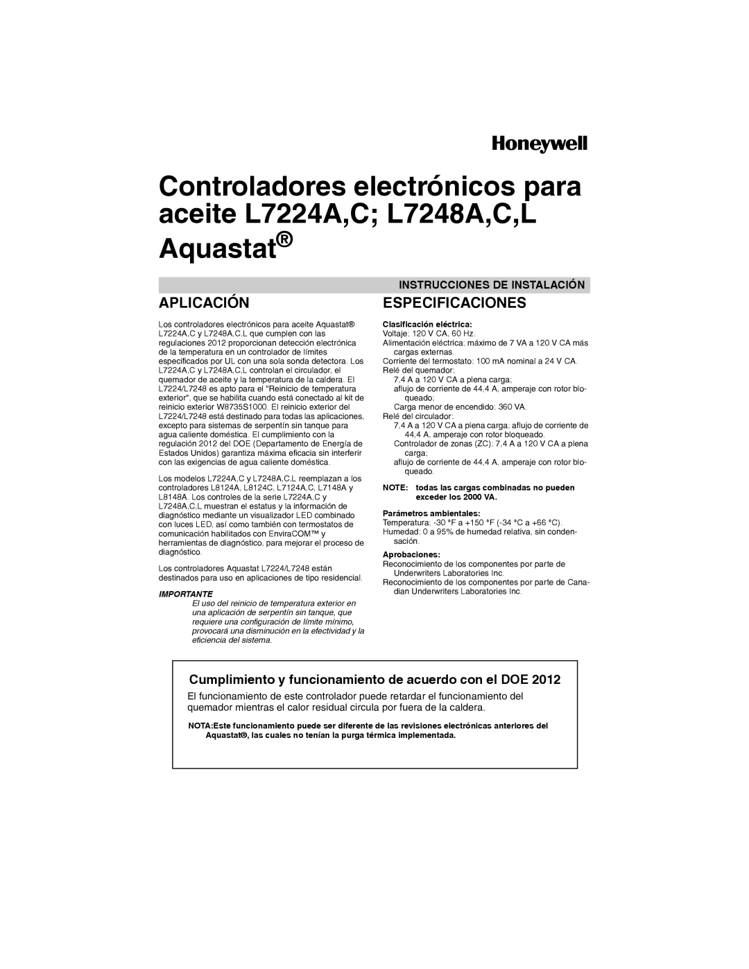 Honeywell L7224A,C Aplicaciónespecificaciones, Cumplimiento y funcionamiento de acuerdo con el DOE, Parámetros ambientales 