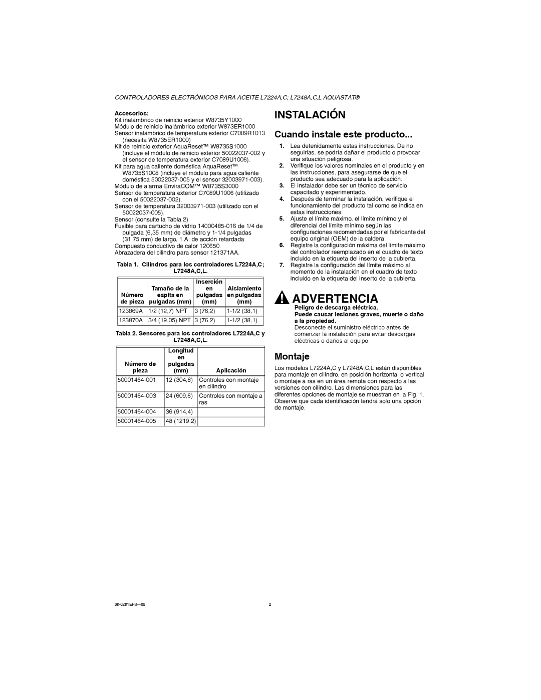 Honeywell L7248A,C,L, L7224A,C installation instructions Instalación, Cuando instale este producto, Montaje 