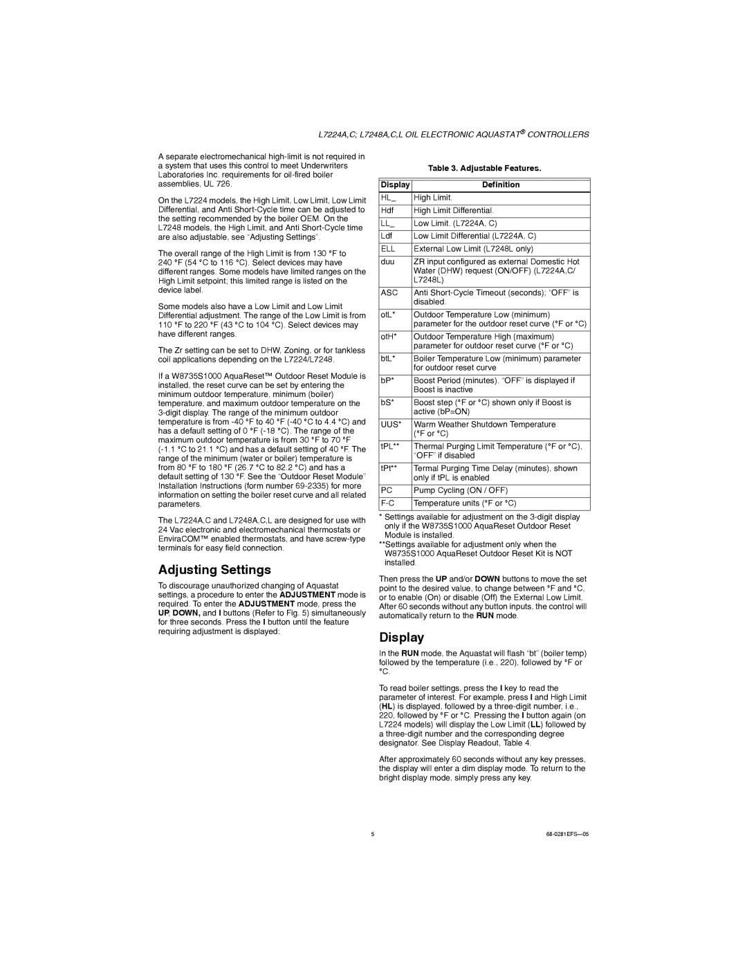 Honeywell L7224A,C, L7248A,C,L installation instructions Adjusting Settings, Display, Adjustable Features, Definition 