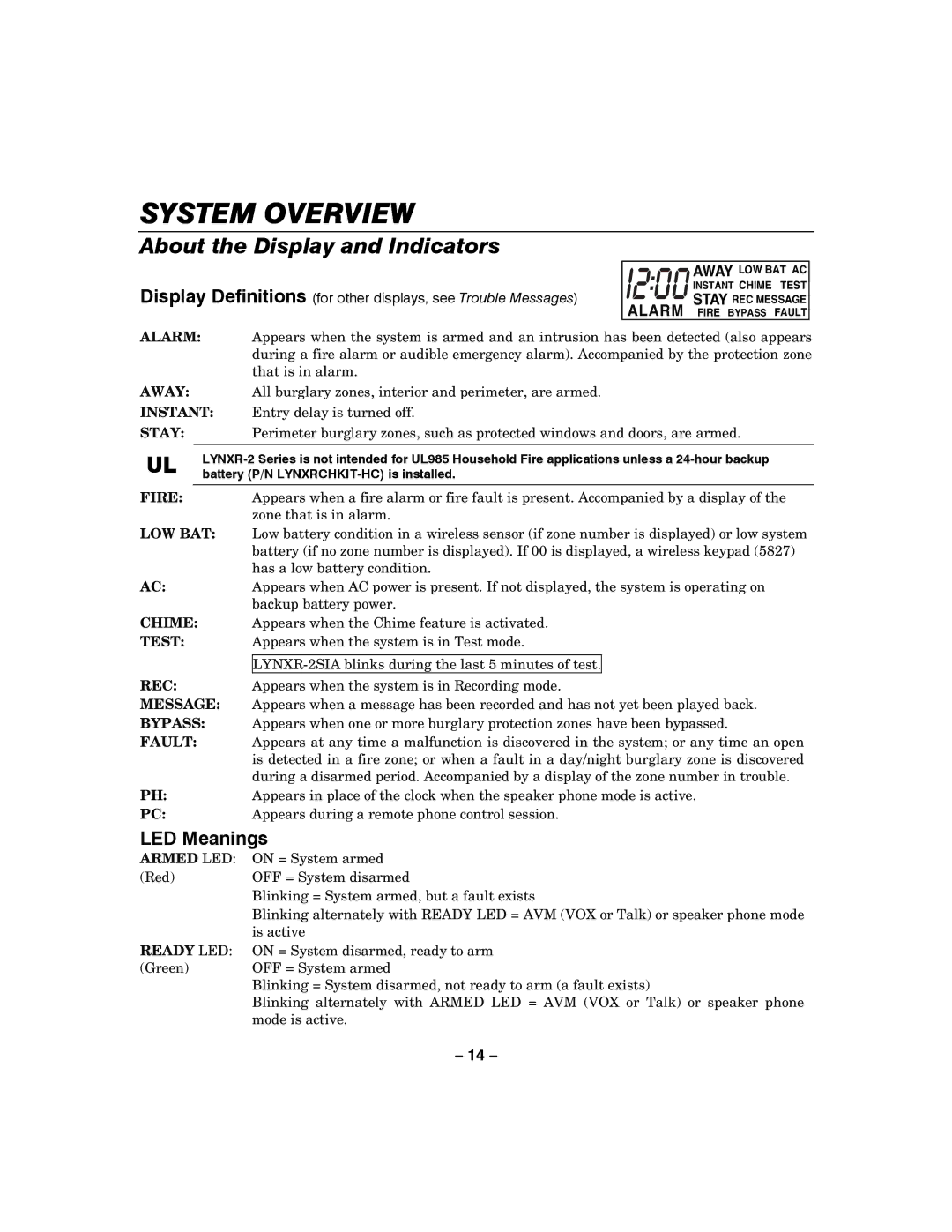 Honeywell LYNXR-2 manual About the Display and Indicators, LED Meanings 