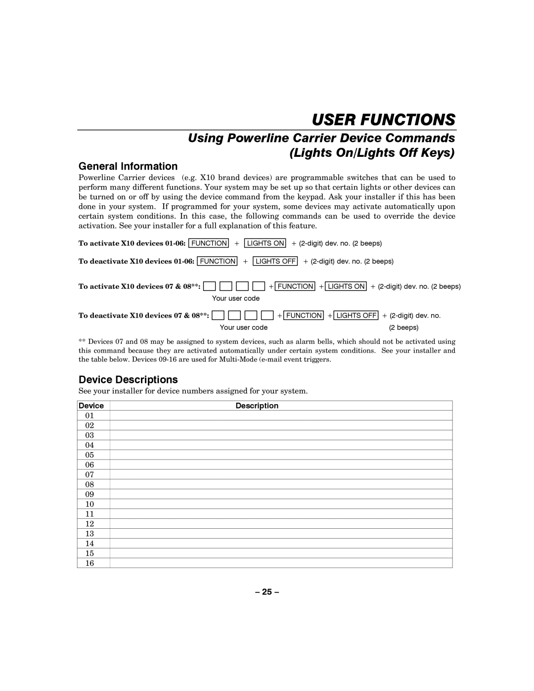 Honeywell LYNXR-2 manual Device Descriptions, To deactivate X10 devices 07 