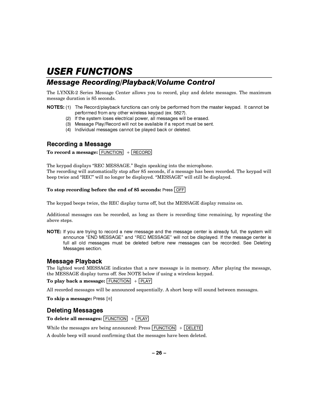 Honeywell LYNXR-2 Message Recording/Playback/Volume Control, Recording a Message, Message Playback, Deleting Messages 