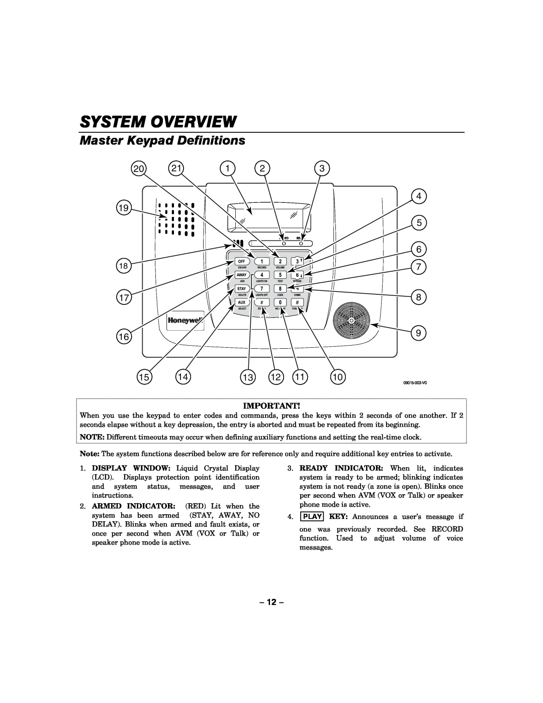 Honeywell LYNXR-2 manual Master Keypad Definitions, System Overview 