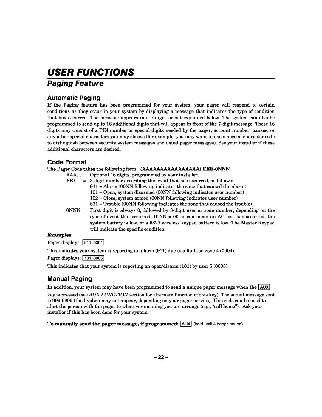 Honeywell LYNXR-2 manual User Functions, Paging Feature, Automatic Paging, Code Format, Manual Paging, Examples 
