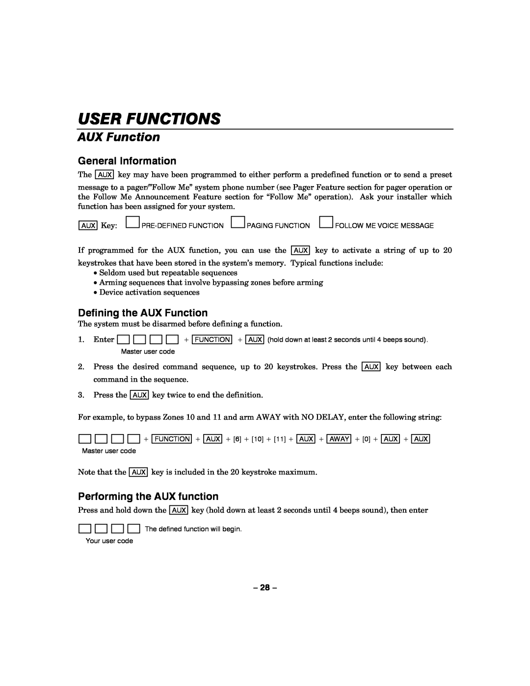 Honeywell LYNXR-2 manual Defining the AUX Function, Performing the AUX function, User Functions, General Information 
