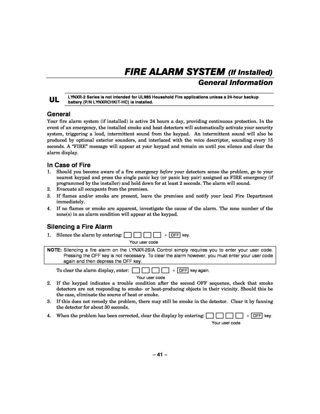 Honeywell LYNXR-2 manual FIRE ALARM SYSTEM If Installed, General Information, In Case of Fire, Silencing a Fire Alarm 